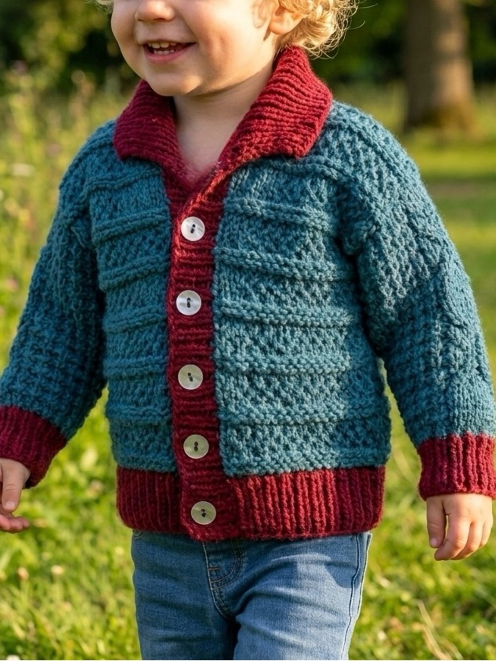 Kids Hand Knit Cardigan Soft Chunky Teal & Burgundy Grandma Grandpa 4T Boy Girl